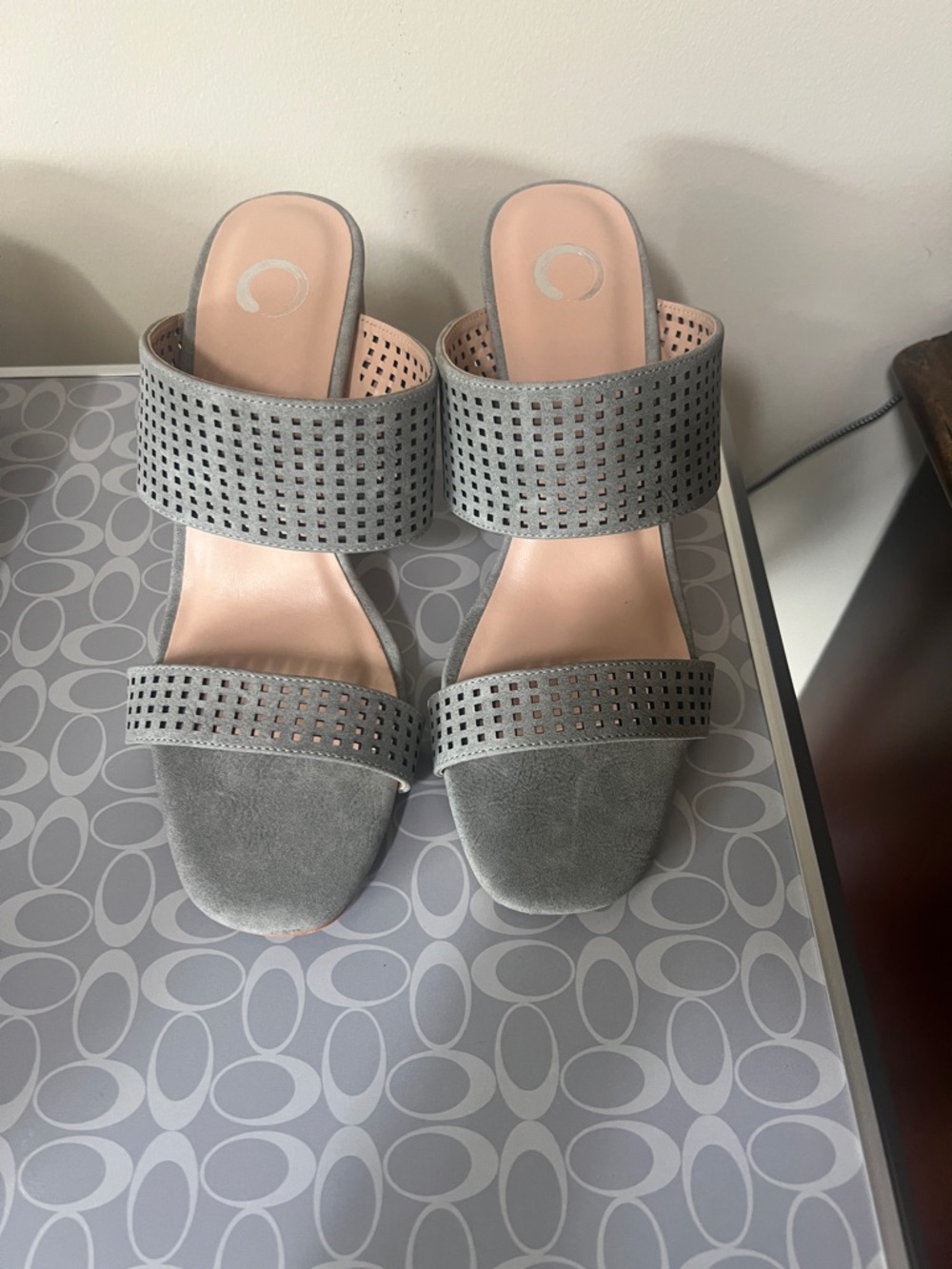 Gray  Block Heel Slide Sandals